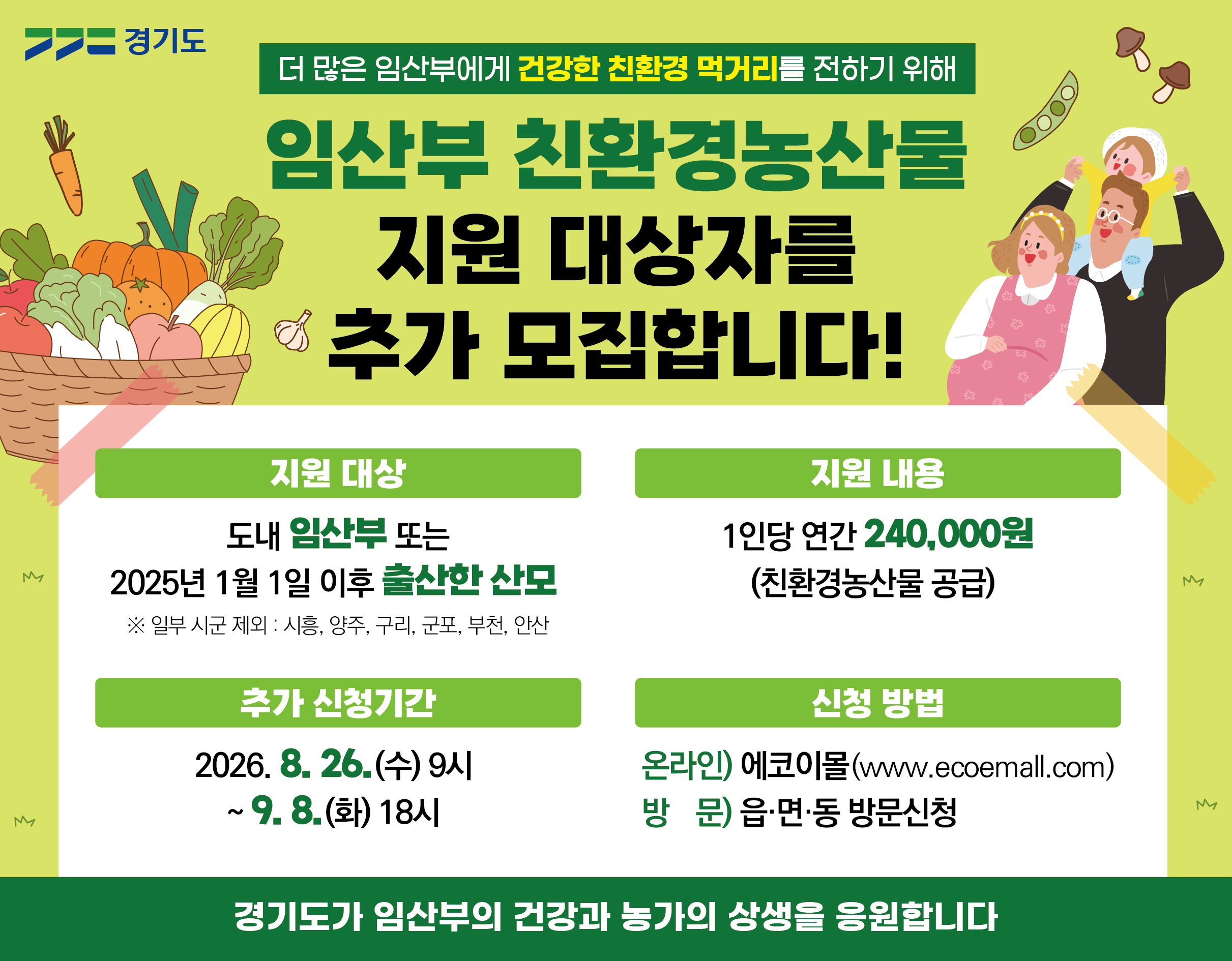 경기도 ‘임산부 친환경농산물 지원’ 추가 모집… 8월 26일부터